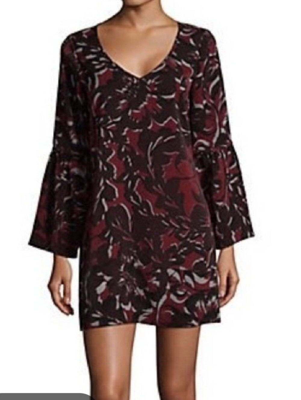 Saks Fifth Avenue Black Label Wine and Black Floral V-Neck Mini Dress